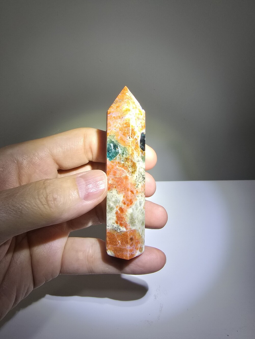 Sunstone and Blue Apatite Crystal Tower #A